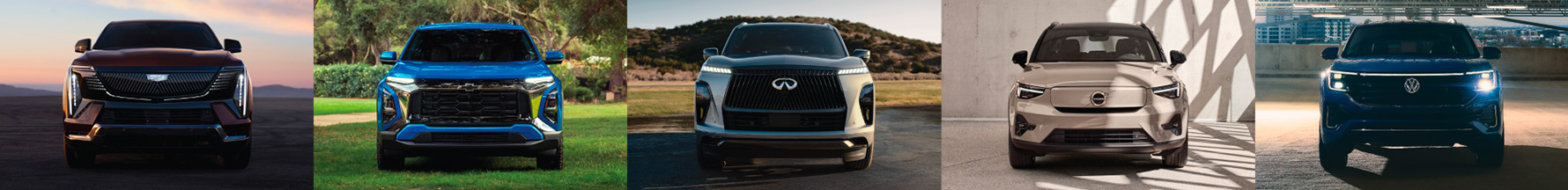 Front views of a 2026 Cadillac escalade IQ, 2027 Chevrolet Equinox, 2026 INFINITI QX80, 2026 Volvo EX40, and a 2026 Volkswagen Atlas lined up horizontally.