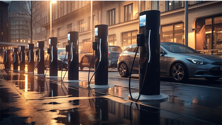 A row of electric cars are being charged at a charging station