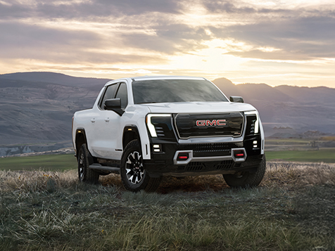A white GMC truck is parked in a grassy field with mountains in the background