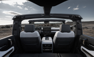 The interior of a GMC HUMMER EV SUV is shown with the roof open