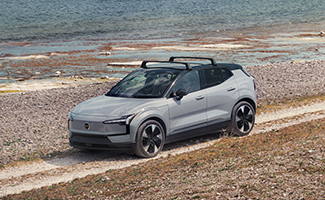 Gray Volvo EX30 parked on the beach