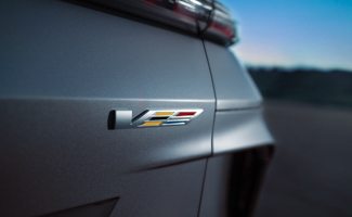 Cadillac V-series badge on a gray Cadillac LYRIQ-V