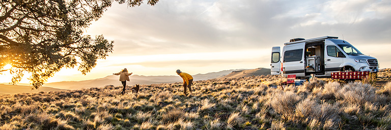 A camper van parked on a vast, brushy landscape as people and a dog enjoy the golden hour