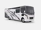 A white motorhome with gray accents