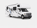 A white motorhome with blue and grey graphics