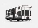A sleek white and black fifth-wheel rv