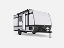 A white and gray travel trailer