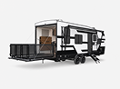 A black and white toy hauler rv with a rear patio